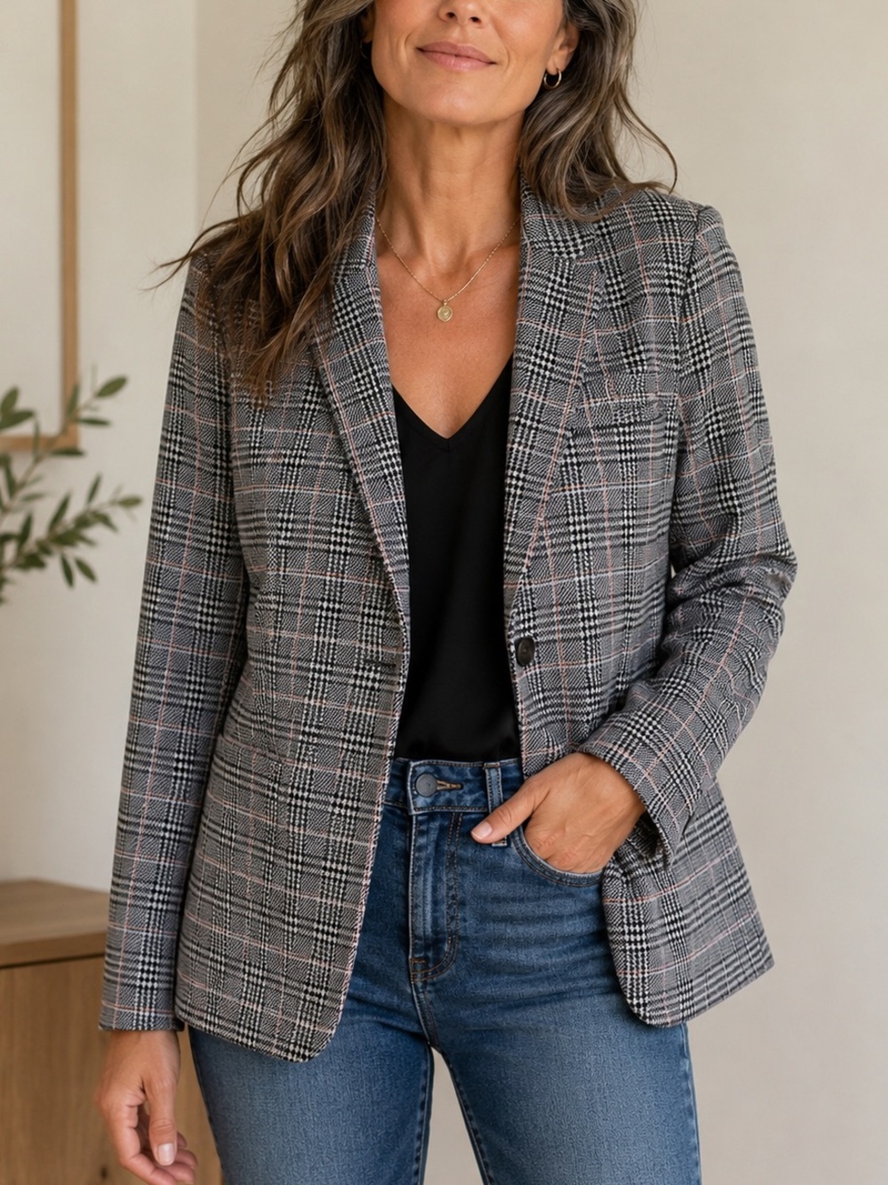Gap Grey Glen Plaid Check Single Button Blazer Black White Classic Office Career